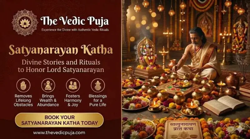 Satyanarayan Katha Puja performed with Kalash, flowers, and Hindu rituals